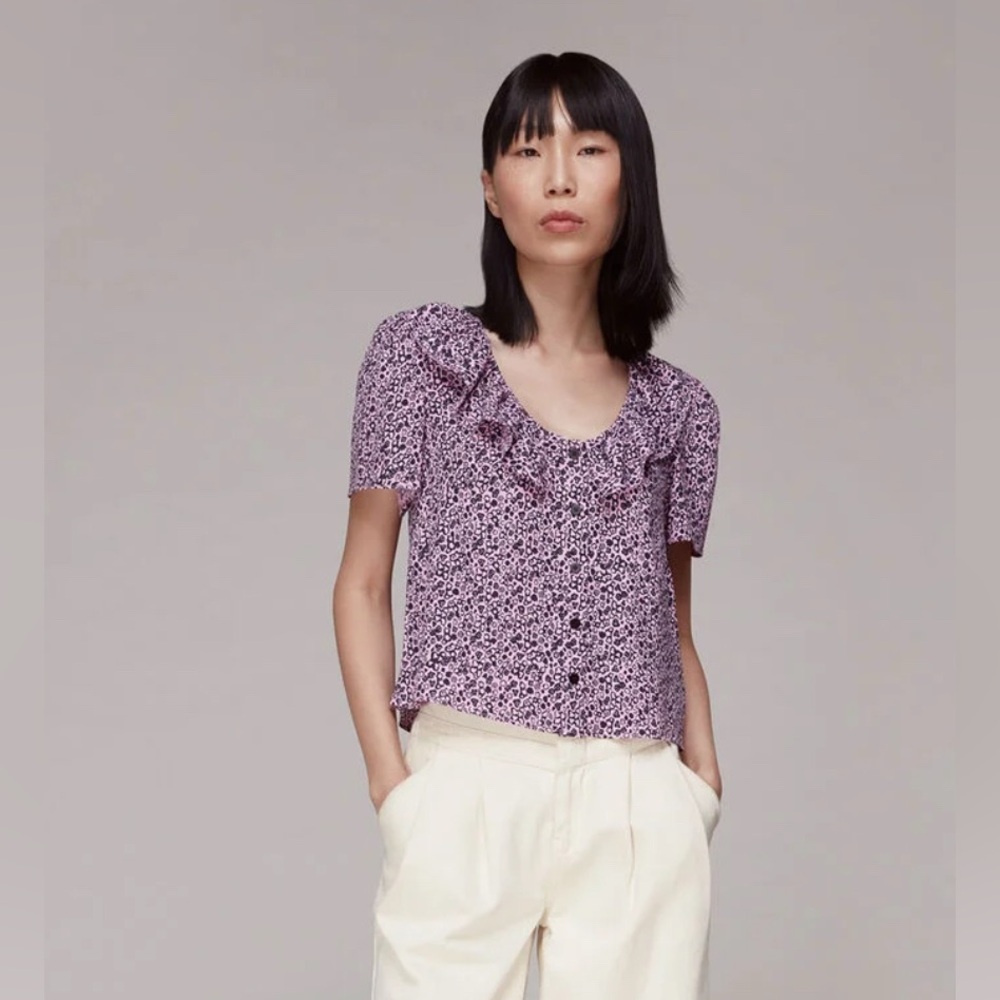 Whistles Ruffle Neck Button Front Blouse - size 6